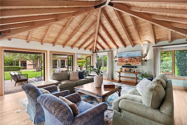 2291 Pavillion Dr, North Tustin, CA 92705 - living area featuring wood ceiling, lofted ceiling with beams, and wood finished floors