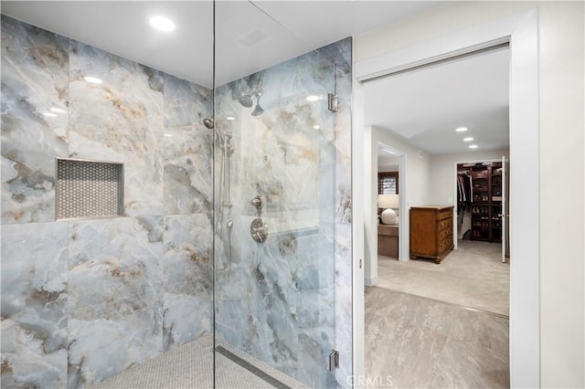 2291 Pavillion Dr, North Tustin, CA 92705 - bathroom with a marble finish shower, marble finish floor, and recessed lighting