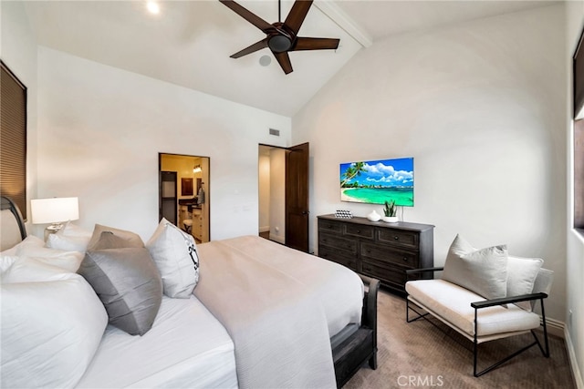 4301/2 Heliotrope Ave, Corona Del Mar, CA 92625 - bedroom featuring high vaulted ceiling, ceiling fan, and beam ceiling