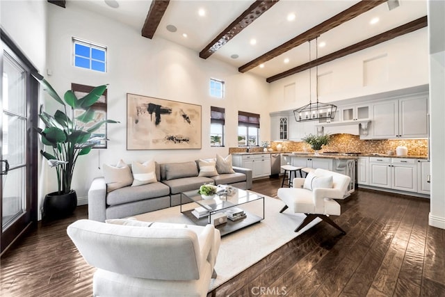 4301/2 Heliotrope Ave, Corona Del Mar, CA 92625 - living room featuring a towering ceiling, dark wood-type flooring, beamed ceiling, wine cooler, and recessed lighting