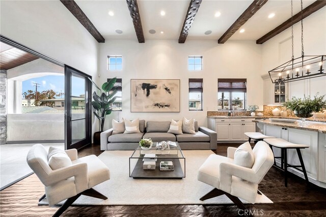4301/2 Heliotrope Ave, Corona Del Mar, CA 92625 - living room featuring plenty of natural light, beam ceiling, recessed lighting, and a high ceiling