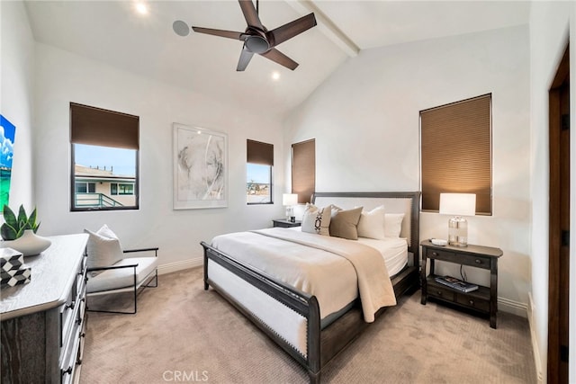 4301/2 Heliotrope Ave, Corona Del Mar, CA 92625 - bedroom with baseboards, vaulted ceiling with beams, light carpet, and ceiling fan