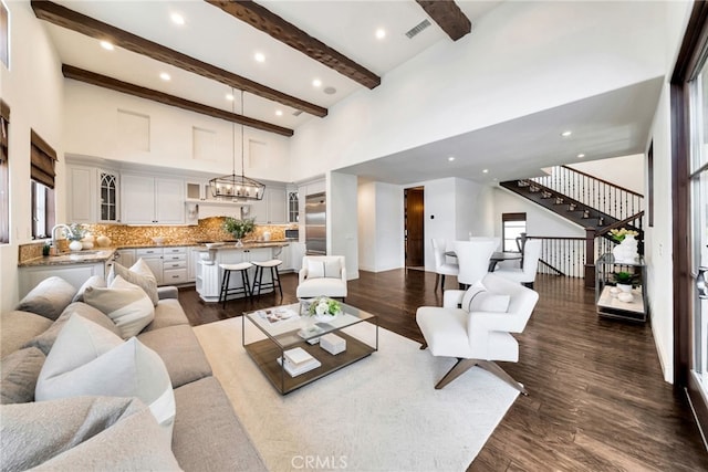4301/2 Heliotrope Ave, Corona Del Mar, CA 92625 - living room with a high ceiling, beamed ceiling, stairway, dark wood finished floors, and recessed lighting