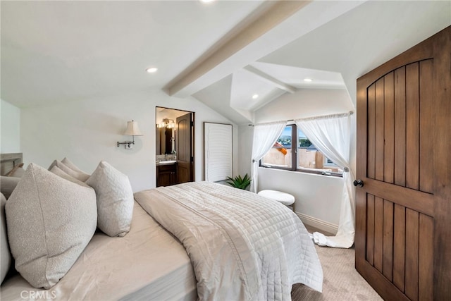 4301/2 Heliotrope Ave, Corona Del Mar, CA 92625 - bedroom featuring recessed lighting, baseboards, light carpet, and vaulted ceiling with beams