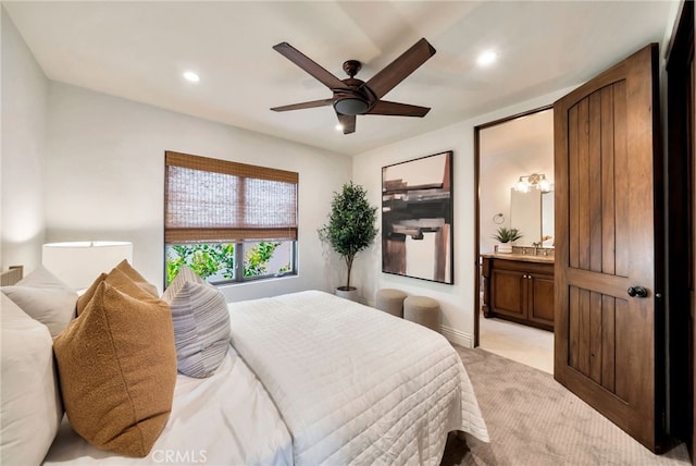 4301/2 Heliotrope Ave, Corona Del Mar, CA 92625 - bedroom featuring light carpet, baseboards, recessed lighting, a ceiling fan, and ensuite bath