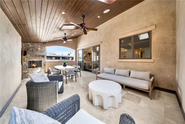 4301/2 Heliotrope Ave, Corona Del Mar, CA 92625 - view of patio with an outdoor living space with a fireplace, ceiling fan, and outdoor dining space