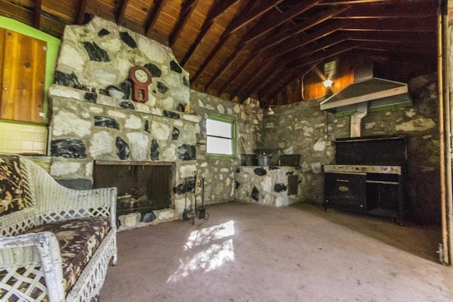 28831 Spruce Rd, Pine Valley, CA 91962 - unfurnished living room with vaulted ceiling and a stone fireplace