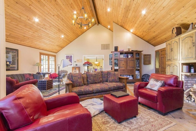 28831 Spruce Rd, Pine Valley, CA 91962 - living room with a wooden ceiling with exposed beams, a chandelier, high vaulted ceiling, and recessed lighting