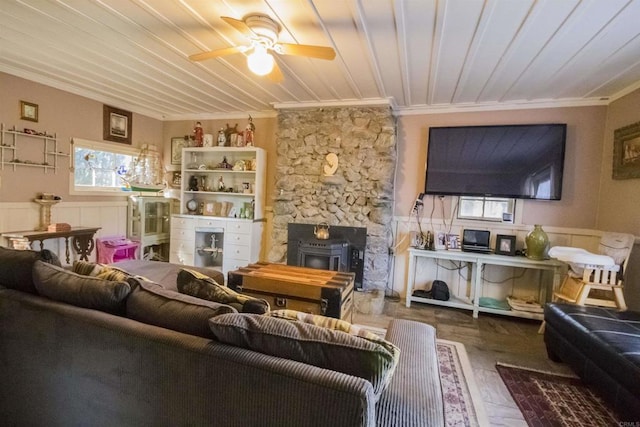 28831 Spruce Rd, Pine Valley, CA 91962 - living area with ornamental molding, ceiling fan, a wainscoted wall, and wood finished floors