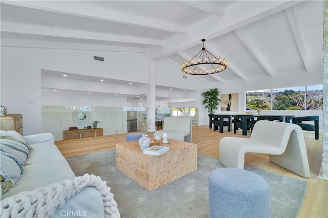 8 Clipper Rd, Rancho Palos Verdes, CA 90275 - living room featuring recessed lighting, wood finished floors, vaulted ceiling with beams, a chandelier, and visible vents