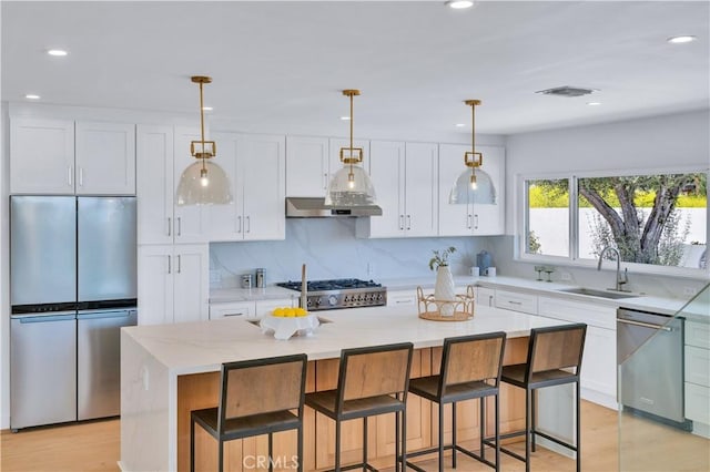 8 Clipper Rd, Rancho Palos Verdes, CA 90275 - kitchen with white cabinets, a sink, appliances with stainless steel finishes, visible vents, and recessed lighting