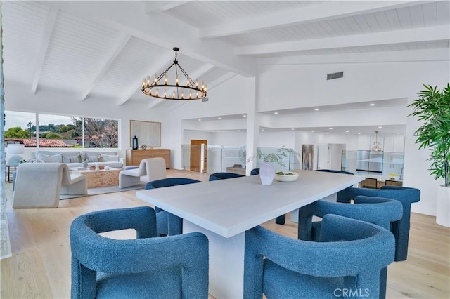 8 Clipper Rd, Rancho Palos Verdes, CA 90275 - dining space featuring lofted ceiling with beams, visible vents, light wood-type flooring, and a chandelier