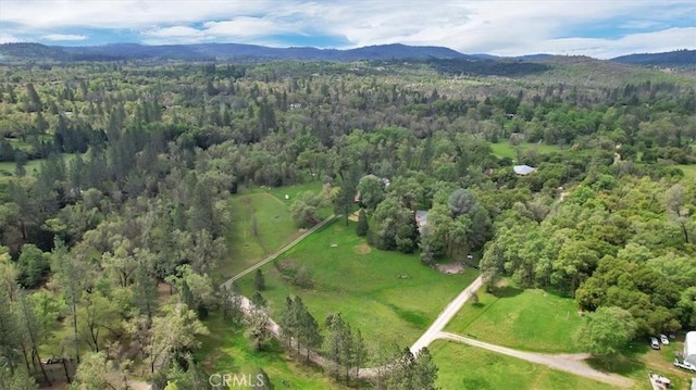 birds eye view of property with a wooded view and a mountain view