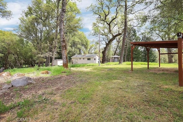 view of yard featuring an outdoor structure and a storage shed