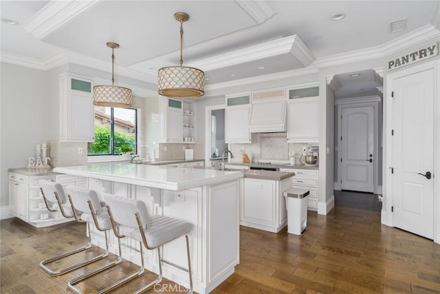 kitchen with light countertops, premium range hood, white cabinets, and dark wood-type flooring