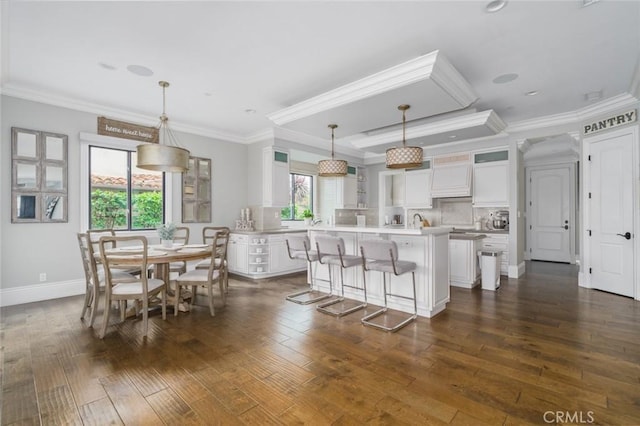 kitchen with light countertops, dark wood-style flooring, white cabinets, and a healthy amount of sunlight