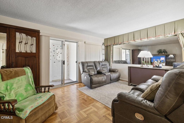 living area featuring a textured ceiling
