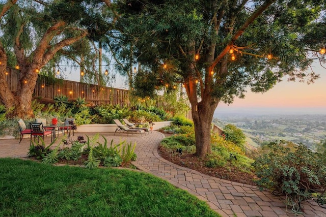 3351 Red Mountain Heights Dr, Fallbrook, CA 92028 - yard at dusk featuring a fenced backyard and a patio area