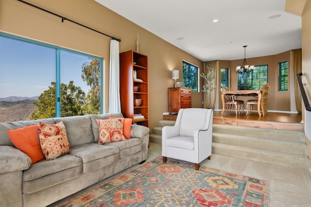 3351 Red Mountain Heights Dr, Fallbrook, CA 92028 - living room featuring an inviting chandelier, recessed lighting, and a mountain view