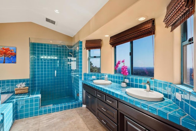 3351 Red Mountain Heights Dr, Fallbrook, CA 92028 - bathroom featuring a sink, vaulted ceiling, and tiled shower