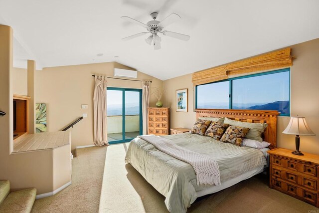 3351 Red Mountain Heights Dr, Fallbrook, CA 92028 - bedroom with access to exterior, carpet floors, lofted ceiling, a ceiling fan, and an AC wall unit