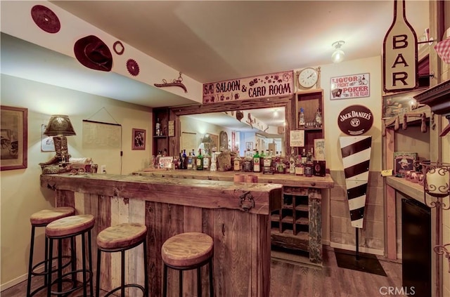 bar featuring baseboards, dark wood-type flooring, and a dry bar