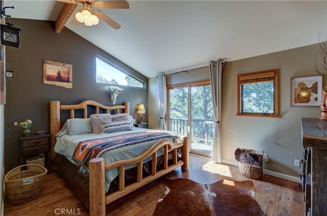 bedroom featuring ceiling fan, vaulted ceiling with beams, access to exterior, baseboards, and wood finished floors