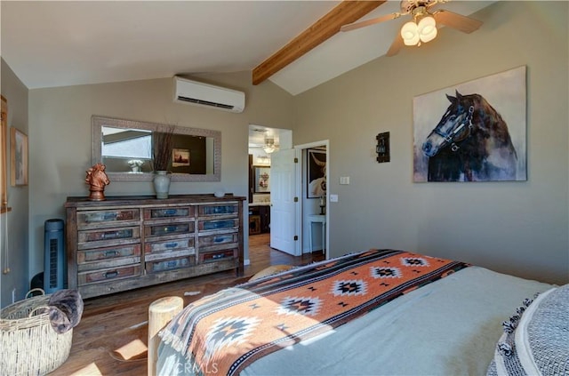bedroom featuring a wall mounted air conditioner, lofted ceiling with beams, ceiling fan, and wood finished floors