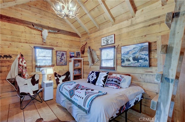 bedroom featuring vaulted ceiling with beams, wood ceiling, wood walls, light wood finished floors, and a notable chandelier