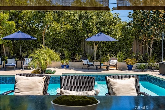 view of swimming pool featuring a patio, a fenced backyard, and a fenced in pool