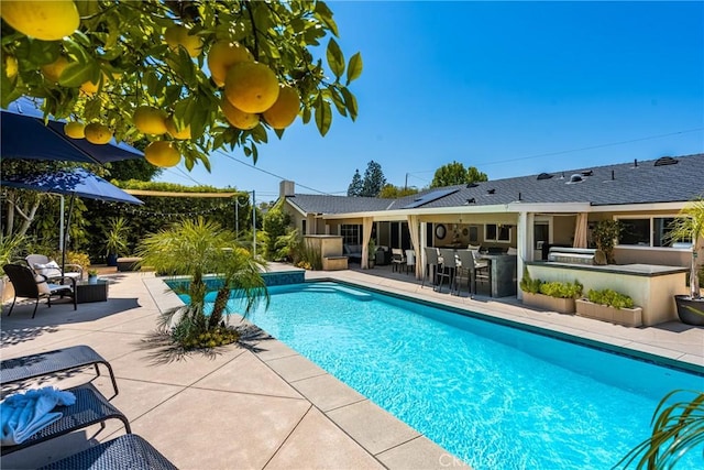 outdoor pool with outdoor dry bar and a patio