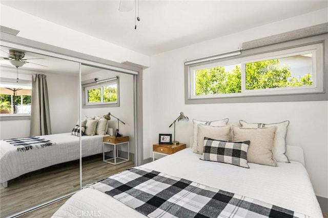 bedroom with wood finished floors, ceiling fan, and a closet