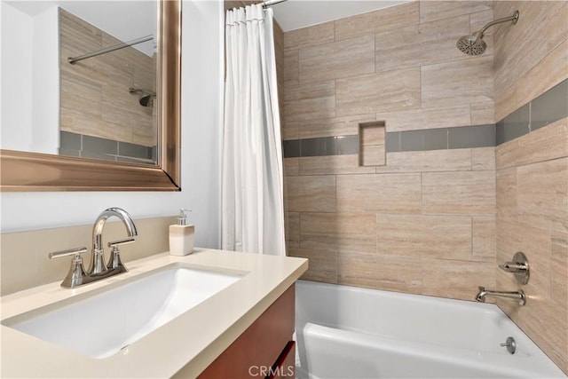 bathroom featuring shower / bath combination with curtain and vanity