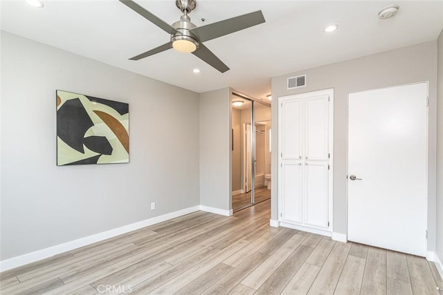 unfurnished bedroom with visible vents, light wood-style floors, baseboards, ceiling fan, and recessed lighting