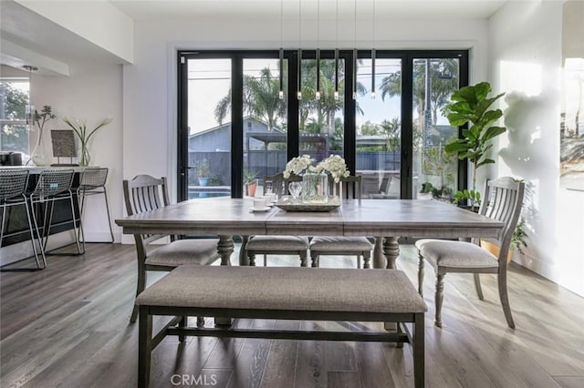 dining area with baseboards, wood finished floors, and a healthy amount of sunlight