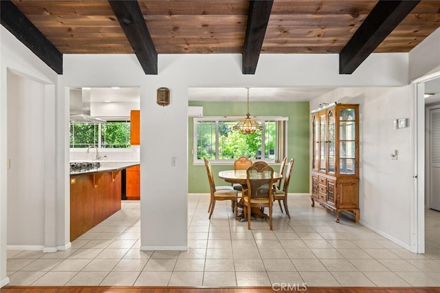 1 Piedmont Cir, Chico, CA 95926 - dining area featuring light tile patterned flooring, baseboards, and wood ceiling with exposed beams