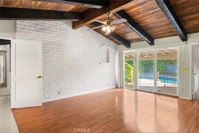 1 Piedmont Cir, Chico, CA 95926 - empty room featuring brick wall, ceiling fan, wooden ceiling, and wood finished floors