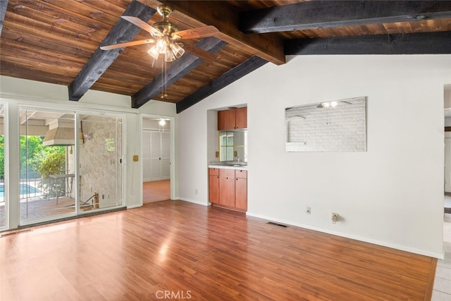 unfurnished living room with a ceiling fan, visible vents, wood ceiling, and wood finished floors