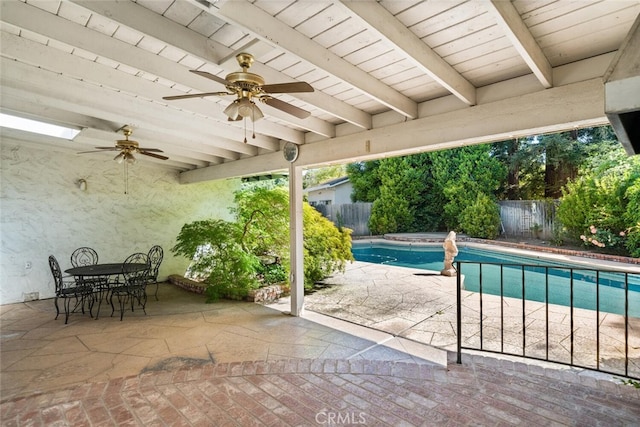 1 Piedmont Cir, Chico, CA 95926 - view of pool with a ceiling fan, a fenced backyard, a patio area, and outdoor dining space