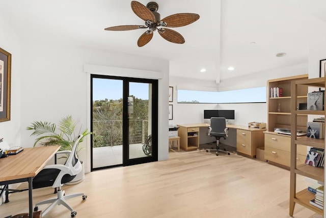 office featuring recessed lighting, ceiling fan, and light wood-style flooring