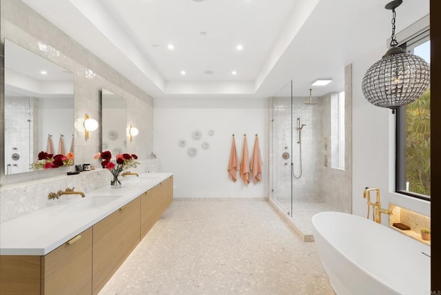 full bath featuring a sink, a shower stall, a raised ceiling, and a healthy amount of sunlight