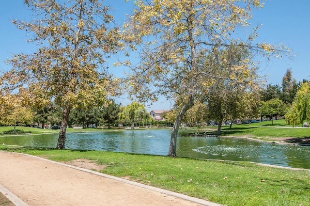view of community with a water view and a yard