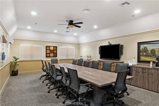 office area with a ceiling fan, visible vents, baseboards, carpet, and recessed lighting