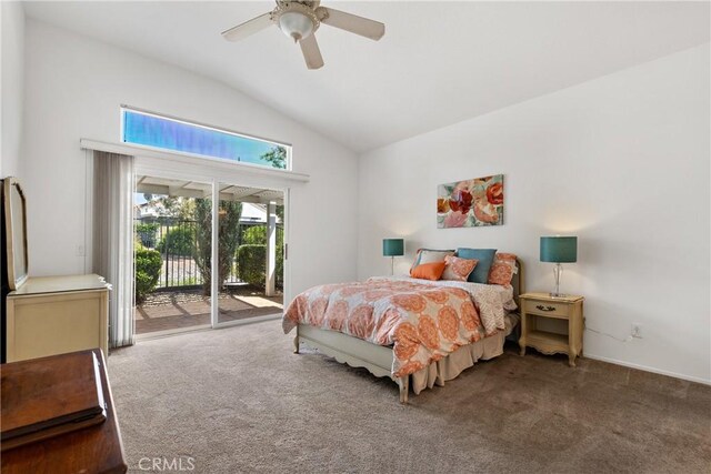 carpeted bedroom featuring access to outside, vaulted ceiling, and ceiling fan