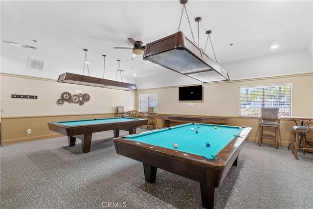 game room with carpet floors, pool table, visible vents, and a wealth of natural light