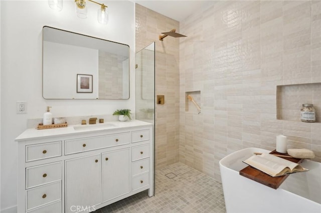 5449 S Victoria Ave, Los Angeles, CA 90043 - bathroom with a freestanding bath, walk in shower, and vanity
