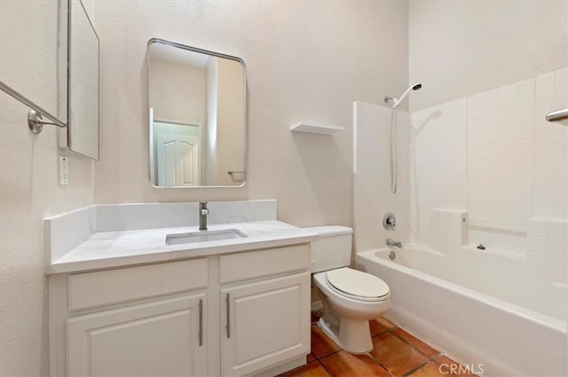 bathroom with bathing tub / shower combination, toilet, tile patterned flooring, and vanity