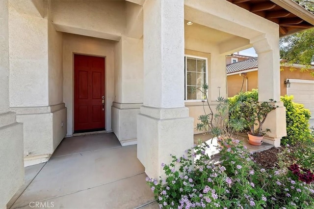 view of exterior entry with stucco siding