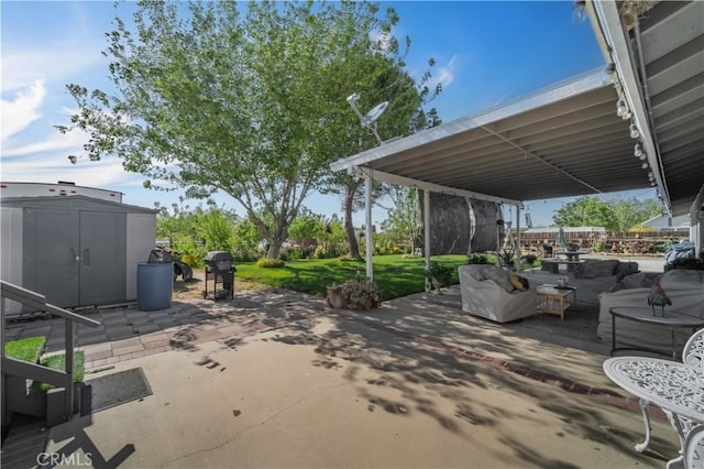37025 96th St E, Littlerock, CA 93543 - view of patio featuring an outdoor structure, an outdoor living space, and a storage unit