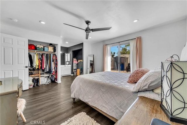 37025 96th St E, Littlerock, CA 93543 - bedroom featuring a ceiling fan, wood finished floors, recessed lighting, and access to exterior